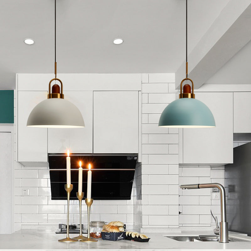 Dome Kitchen Bar Pendulum Light Iron 1 Bulb Macaron Hanging Pendant in Pink/White/Grey with Wood Top and Handle Clearhalo 'Ceiling Lights' 'Pendant Lights' 'Pendants' Lighting' 1912061