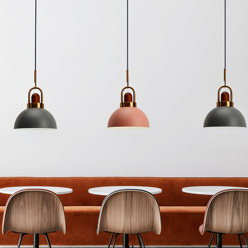 Dome Kitchen Bar Pendulum Light Iron 1 Bulb Macaron Hanging Pendant in Pink/White/Grey with Wood Top and Handle Clearhalo 'Ceiling Lights' 'Pendant Lights' 'Pendants' Lighting' 1912063