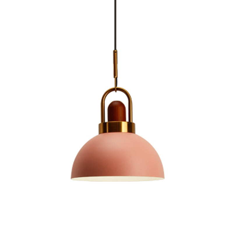 Dome Kitchen Bar Pendulum Light Iron 1 Bulb Macaron Hanging Pendant in Pink/White/Grey with Wood Top and Handle Clearhalo 'Ceiling Lights' 'Pendant Lights' 'Pendants' Lighting' 1912064