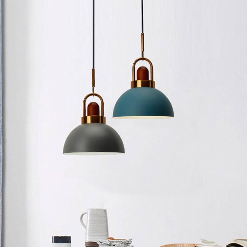 Dome Kitchen Bar Pendulum Light Iron 1 Bulb Macaron Hanging Pendant in Pink/White/Grey with Wood Top and Handle Clearhalo 'Ceiling Lights' 'Pendant Lights' 'Pendants' Lighting' 1912065