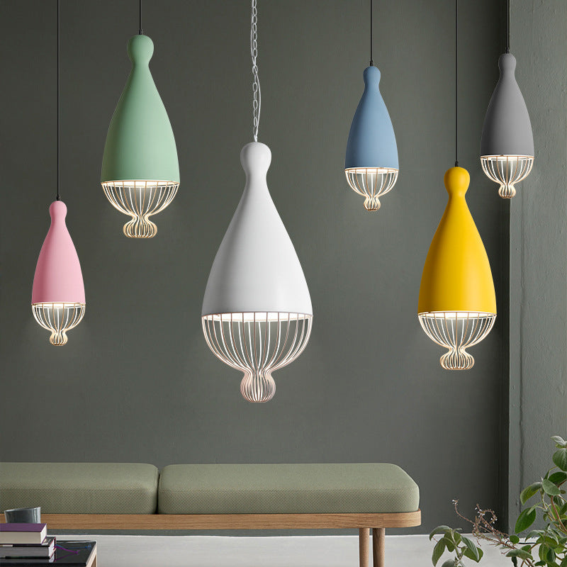 Inverted Balloon Aluminum Pendant Light Macaron 1 Head Grey/Pink/Blue Suspension Lighting with Wire Cage Clearhalo 'Ceiling Lights' 'Pendant Lights' 'Pendants' Lighting' 1912085