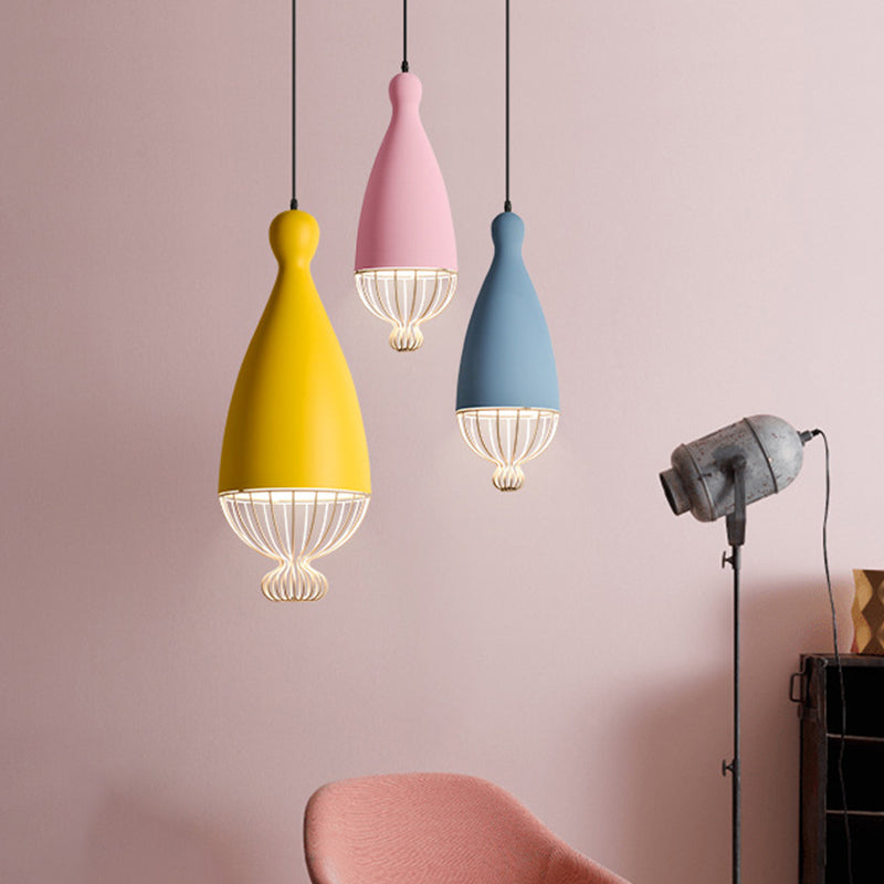 Inverted Balloon Aluminum Pendant Light Macaron 1 Head Grey/Pink/Blue Suspension Lighting with Wire Cage Clearhalo 'Ceiling Lights' 'Pendant Lights' 'Pendants' Lighting' 1912094