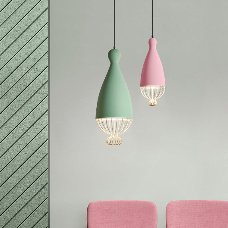 Inverted Balloon Aluminum Pendant Light Macaron 1 Head Grey/Pink/Blue Suspension Lighting with Wire Cage Clearhalo 'Ceiling Lights' 'Pendant Lights' 'Pendants' Lighting' 1912095