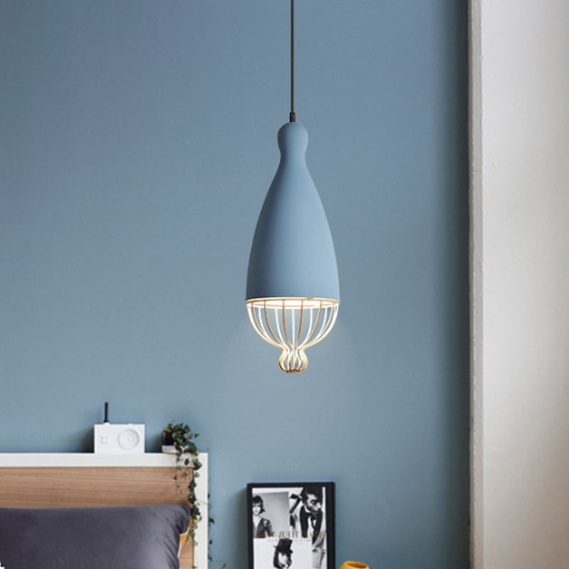 Inverted Balloon Aluminum Pendant Light Macaron 1 Head Grey/Pink/Blue Suspension Lighting with Wire Cage Clearhalo 'Ceiling Lights' 'Pendant Lights' 'Pendants' Lighting' 1912098