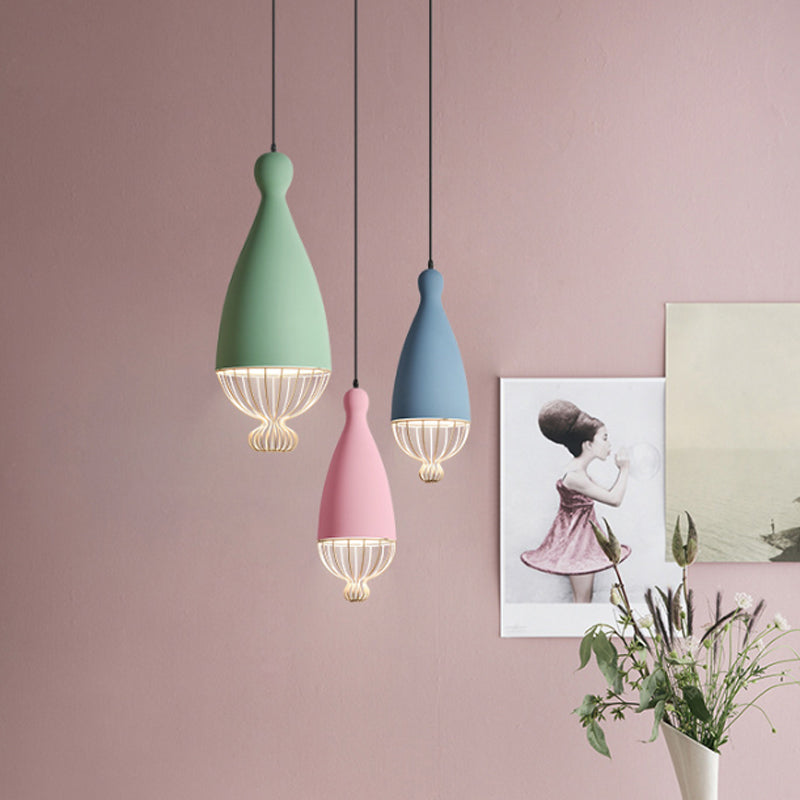 Inverted Balloon Aluminum Pendant Light Macaron 1 Head Grey/Pink/Blue Suspension Lighting with Wire Cage Clearhalo 'Ceiling Lights' 'Pendant Lights' 'Pendants' Lighting' 1912100