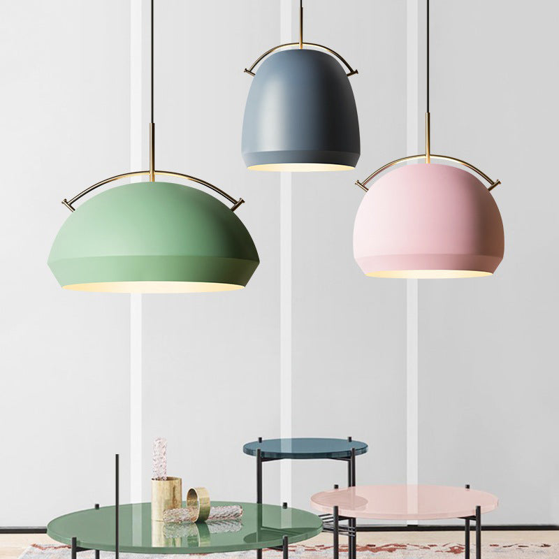 Aluminum Dome/Bell Drop Lamp Macaron 1 Bulb Hanging Pendant Light in Yellow/Pink/Blue with Curved Handle Clearhalo 'Ceiling Lights' 'Pendant Lights' 'Pendants' Lighting' 1912103