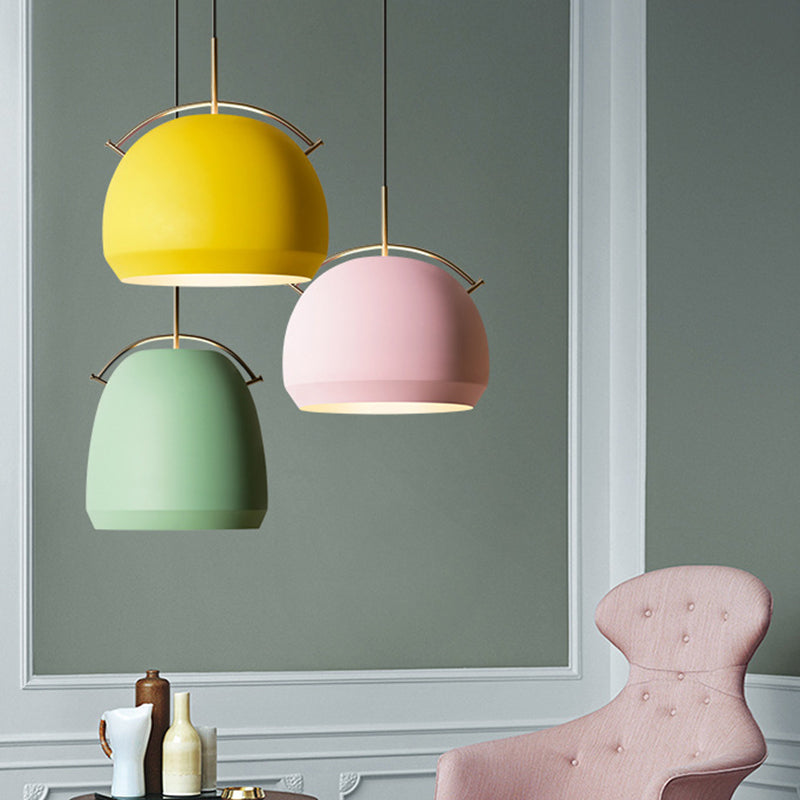 Aluminum Dome/Bell Drop Lamp Macaron 1 Bulb Hanging Pendant Light in Yellow/Pink/Blue with Curved Handle Clearhalo 'Ceiling Lights' 'Pendant Lights' 'Pendants' Lighting' 1912104