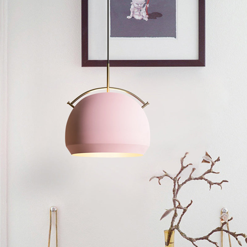 Aluminum Dome/Bell Drop Lamp Macaron 1 Bulb Hanging Pendant Light in Yellow/Pink/Blue with Curved Handle Clearhalo 'Ceiling Lights' 'Pendant Lights' 'Pendants' Lighting' 1912105