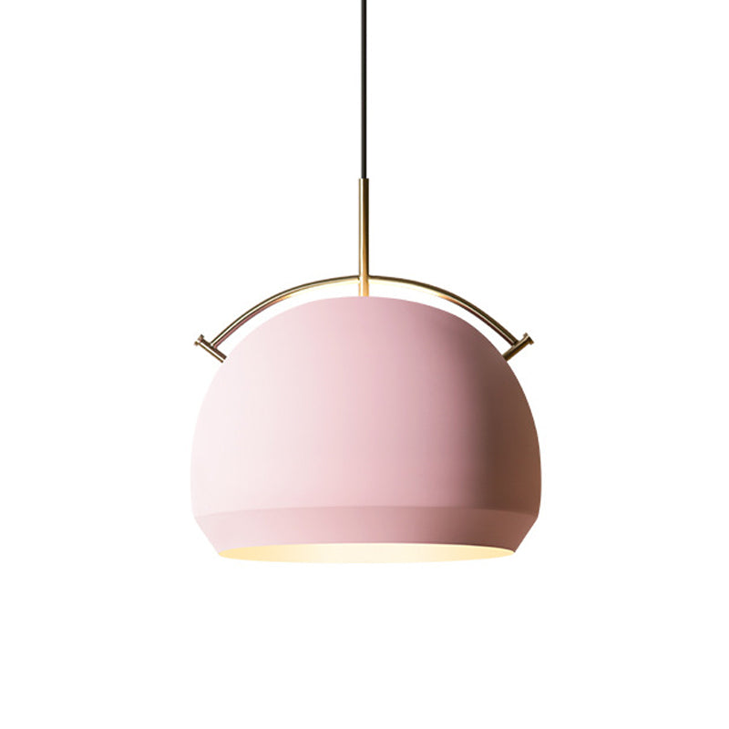 Aluminum Dome/Bell Drop Lamp Macaron 1 Bulb Hanging Pendant Light in Yellow/Pink/Blue with Curved Handle Clearhalo 'Ceiling Lights' 'Pendant Lights' 'Pendants' Lighting' 1912106