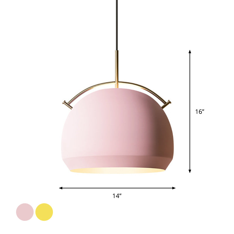 Aluminum Dome/Bell Drop Lamp Macaron 1 Bulb Hanging Pendant Light in Yellow/Pink/Blue with Curved Handle Clearhalo 'Ceiling Lights' 'Pendant Lights' 'Pendants' Lighting' 1912107