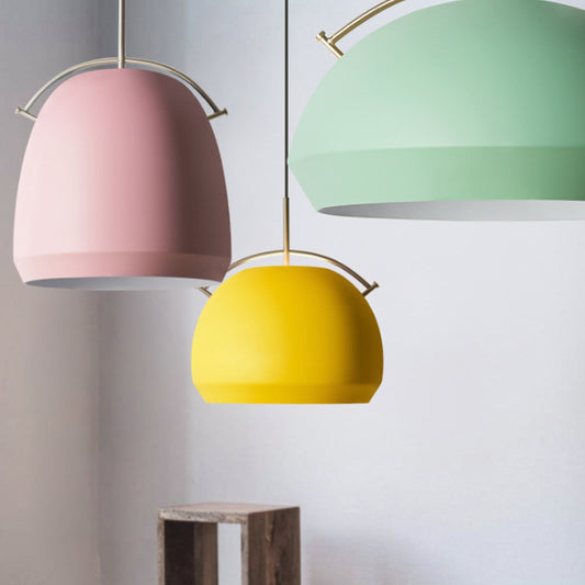 Aluminum Dome/Bell Drop Lamp Macaron 1 Bulb Hanging Pendant Light in Yellow/Pink/Blue with Curved Handle Clearhalo 'Ceiling Lights' 'Pendant Lights' 'Pendants' Lighting' 1912108