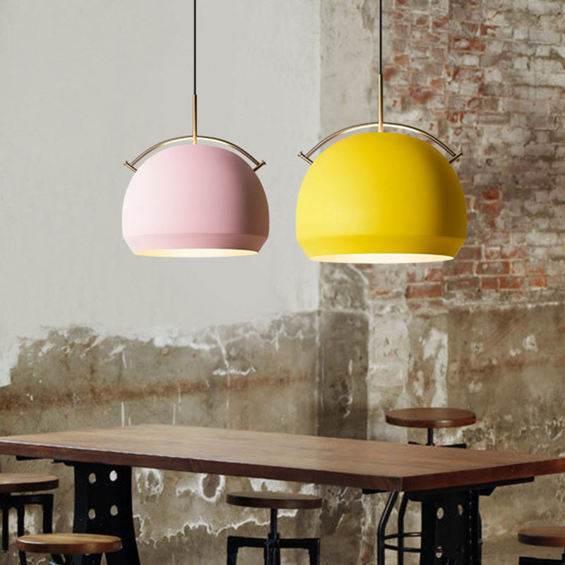 Aluminum Dome/Bell Drop Lamp Macaron 1 Bulb Hanging Pendant Light in Yellow/Pink/Blue with Curved Handle Clearhalo 'Ceiling Lights' 'Pendant Lights' 'Pendants' Lighting' 1912109