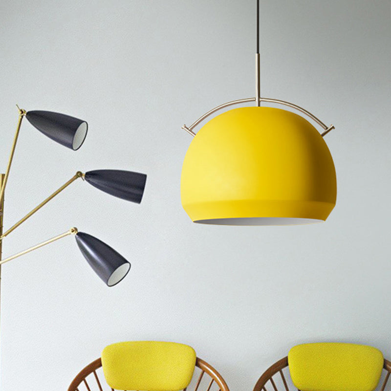 Aluminum Dome/Bell Drop Lamp Macaron 1 Bulb Hanging Pendant Light in Yellow/Pink/Blue with Curved Handle Clearhalo 'Ceiling Lights' 'Pendant Lights' 'Pendants' Lighting' 1912110