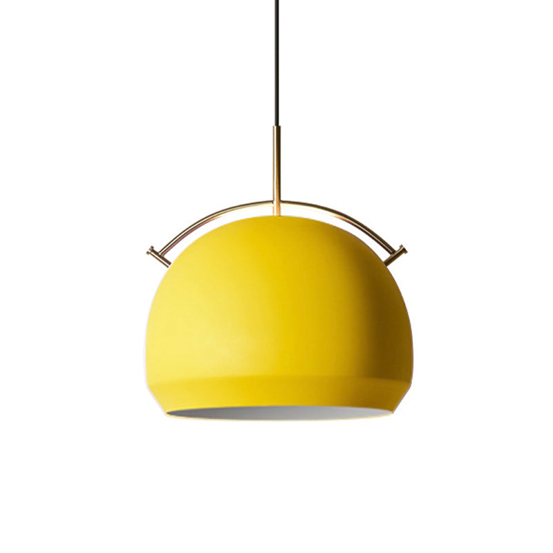 Aluminum Dome/Bell Drop Lamp Macaron 1 Bulb Hanging Pendant Light in Yellow/Pink/Blue with Curved Handle Clearhalo 'Ceiling Lights' 'Pendant Lights' 'Pendants' Lighting' 1912111