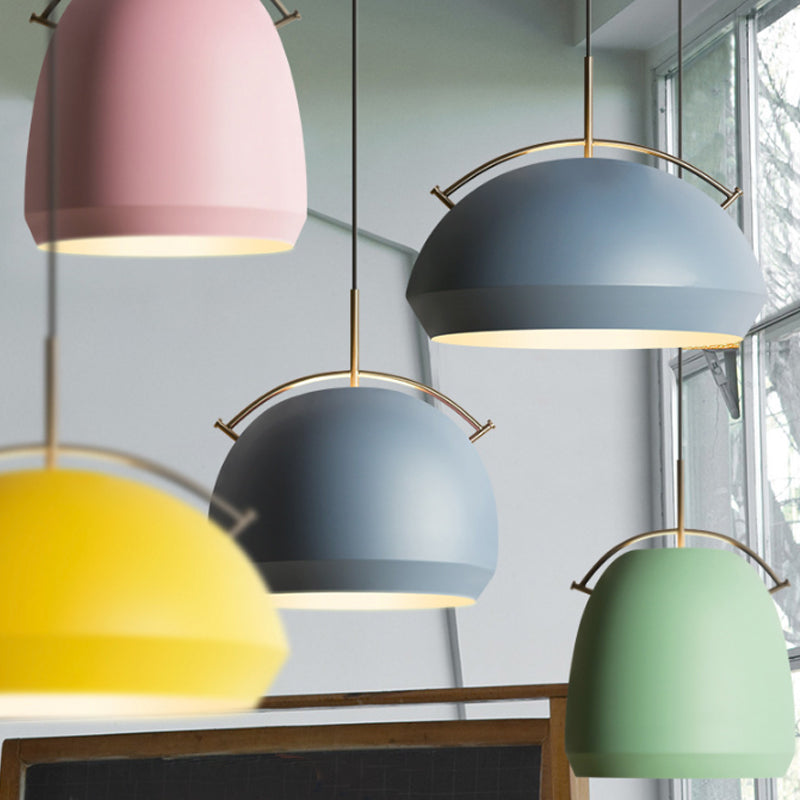 Aluminum Dome/Bell Drop Lamp Macaron 1 Bulb Hanging Pendant Light in Yellow/Pink/Blue with Curved Handle Clearhalo 'Ceiling Lights' 'Pendant Lights' 'Pendants' Lighting' 1912112