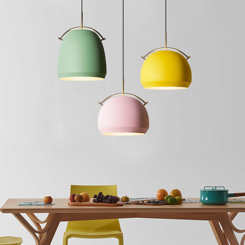 Aluminum Dome/Bell Drop Lamp Macaron 1 Bulb Hanging Pendant Light in Yellow/Pink/Blue with Curved Handle Clearhalo 'Ceiling Lights' 'Pendant Lights' 'Pendants' Lighting' 1912113