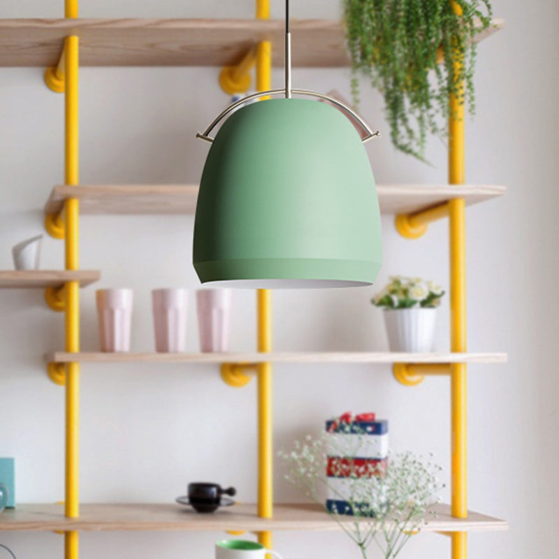 Aluminum Dome/Bell Drop Lamp Macaron 1 Bulb Hanging Pendant Light in Yellow/Pink/Blue with Curved Handle Green Clearhalo 'Ceiling Lights' 'Pendant Lights' 'Pendants' Lighting' 1912114_99642e46-5d8a-429a-819f-1e6a28cab4be