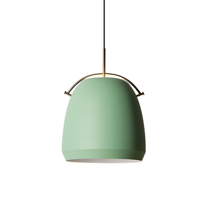 Aluminum Dome/Bell Drop Lamp Macaron 1 Bulb Hanging Pendant Light in Yellow/Pink/Blue with Curved Handle Clearhalo 'Ceiling Lights' 'Pendant Lights' 'Pendants' Lighting' 1912115