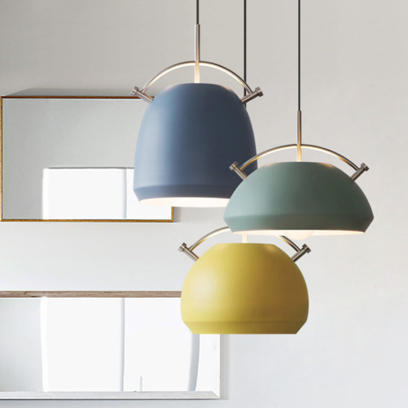 Aluminum Dome/Bell Drop Lamp Macaron 1 Bulb Hanging Pendant Light in Yellow/Pink/Blue with Curved Handle Clearhalo 'Ceiling Lights' 'Pendant Lights' 'Pendants' Lighting' 1912117