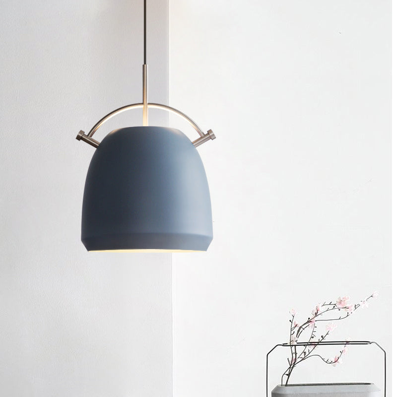 Aluminum Dome/Bell Drop Lamp Macaron 1 Bulb Hanging Pendant Light in Yellow/Pink/Blue with Curved Handle Clearhalo 'Ceiling Lights' 'Pendant Lights' 'Pendants' Lighting' 1912118