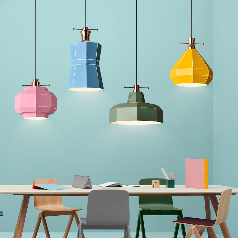 Laser-Cut Teardrop/Lantern/Curved Pendant Macaron Metal 1 Light Restaurant Hanging Light Fixture in Yellow/Pink/Blue Clearhalo 'Ceiling Lights' 'Pendant Lights' 'Pendants' Lighting' 1912120