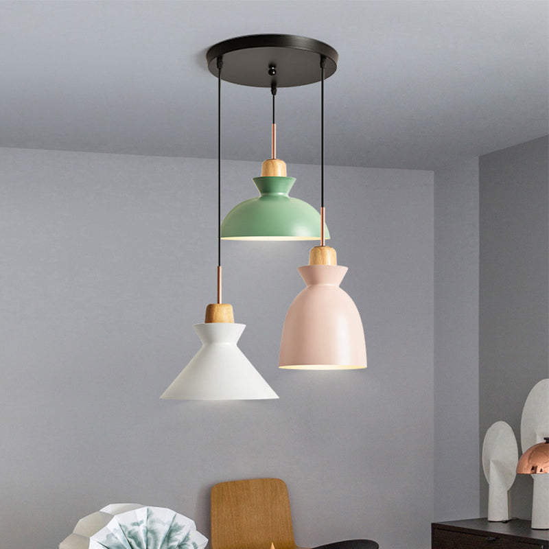 Macaron Round/Linear Multi Hanging Lamp Metal 3 Bulbs Pink/Black Pendant Light Fixture with Shade Clearhalo 'Ceiling Lights' 'Pendant Lights' 'Pendants' Lighting' 1912155