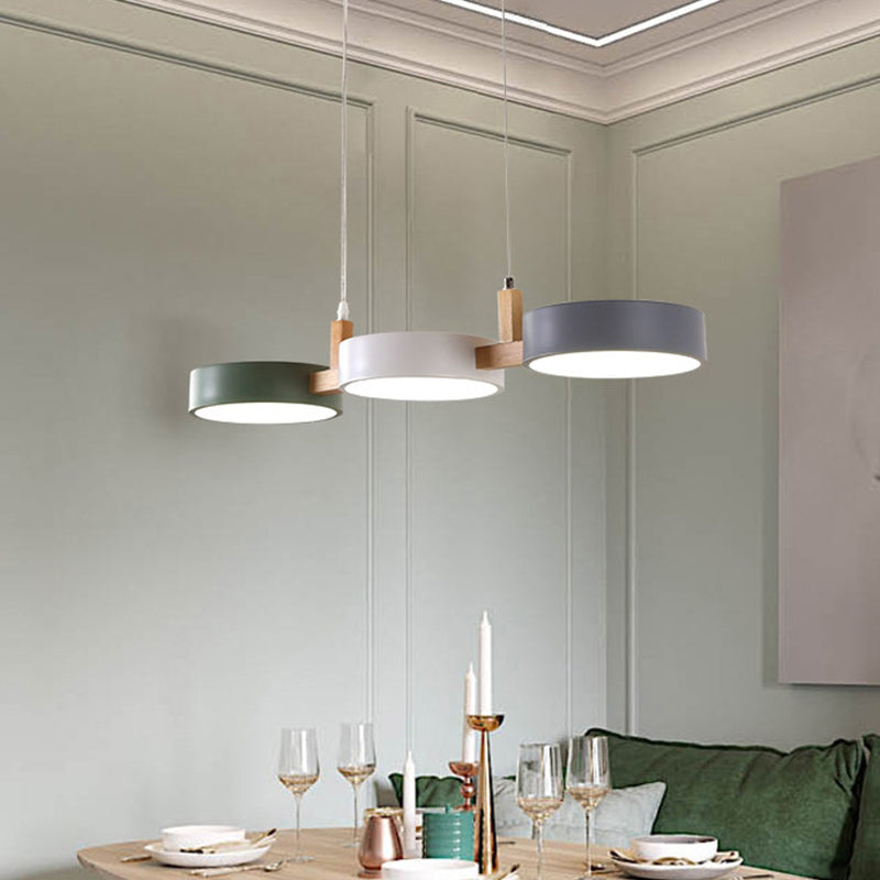 3-Light Dining Room Island Pendant Nordic White-Wood Hanging Lamp with Round Acrylic Shade, Warm/White/3 Color Light Clearhalo 'Ceiling Lights' 'Island Lights' Lighting' 1912162