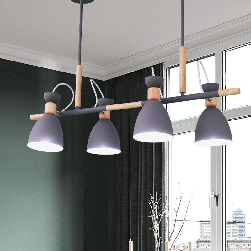 Grey/White/Green Bell Island Lamp Nordic 4-Light Iron Rotatable Hanging Pendant Light with Wood Decor Grey Clearhalo 'Ceiling Lights' 'Island Lights' Lighting' 1912184