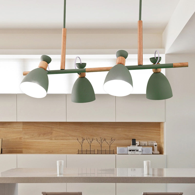 Grey/White/Green Bell Island Lamp Nordic 4-Light Iron Rotatable Hanging Pendant Light with Wood Decor Green Clearhalo 'Ceiling Lights' 'Island Lights' Lighting' 1912193