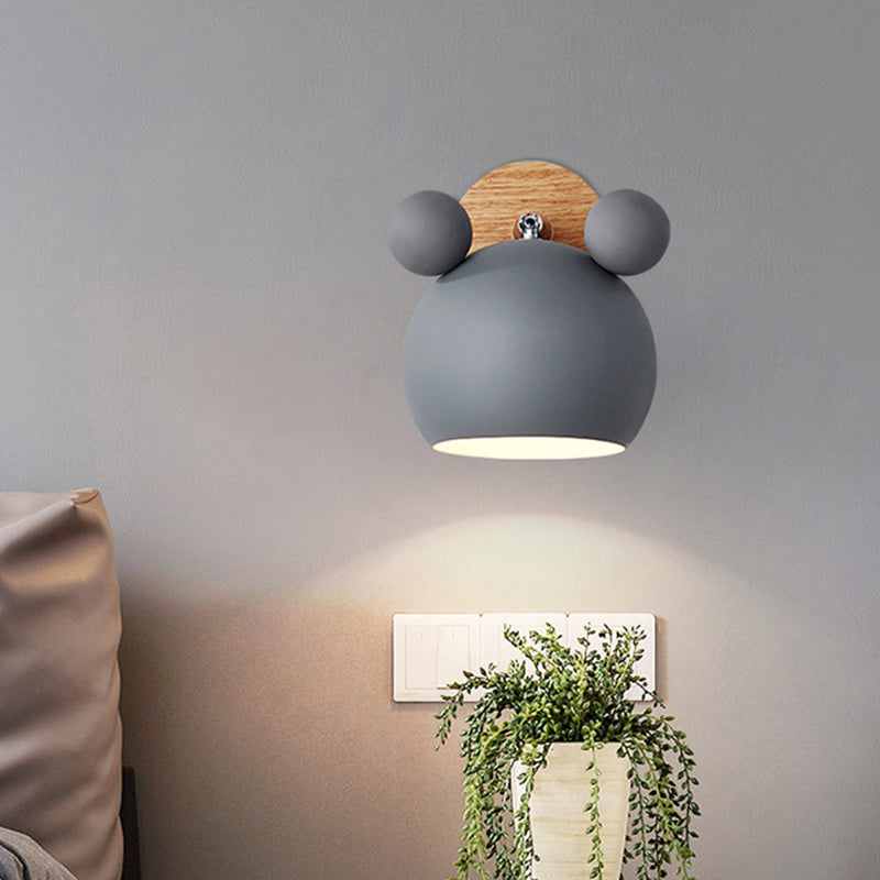 Bear/Bell Rotating Wall Mounted Lamp Macaron Iron 1-Head Bedside Reading Wall Light in White/Pink/Green and Wood Grey A Clearhalo 'Wall Lamps & Sconces' 'Wall Lights' Lighting' 1912231