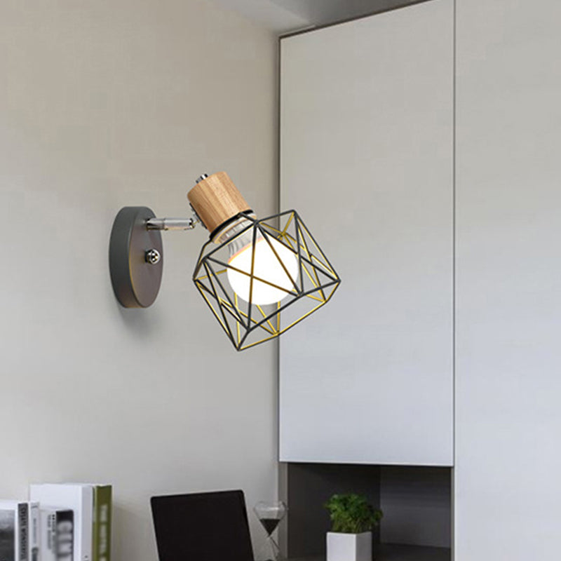 Polygon Cage/Antler Bedside Wall Lamp Metallic 1 Head Nordic Adjustable Wall Light Fixture in Black/Blue/White Black Polygon Clearhalo 'Wall Lamps & Sconces' 'Wall Lights' Lighting' 1912250