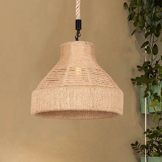 Hand-Wrapped Rope Bell Hanging Lamp Farmhouse 1 Bulb Restaurant Suspended Lighting Fixture in Brown Clearhalo 'Ceiling Lights' 'Industrial Pendants' 'Industrial' 'Middle Century Pendants' 'Pendant Lights' 'Pendants' 'Tiffany' Lighting' 1912293