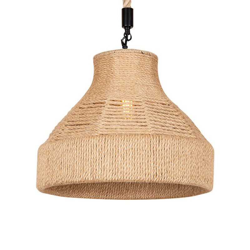 Hand-Wrapped Rope Bell Hanging Lamp Farmhouse 1 Bulb Restaurant Suspended Lighting Fixture in Brown Clearhalo 'Ceiling Lights' 'Industrial Pendants' 'Industrial' 'Middle Century Pendants' 'Pendant Lights' 'Pendants' 'Tiffany' Lighting' 1912294
