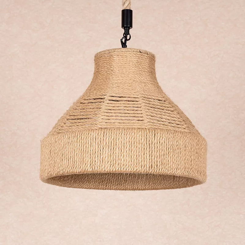 Hand-Wrapped Rope Bell Hanging Lamp Farmhouse 1 Bulb Restaurant Suspended Lighting Fixture in Brown Clearhalo 'Ceiling Lights' 'Industrial Pendants' 'Industrial' 'Middle Century Pendants' 'Pendant Lights' 'Pendants' 'Tiffany' Lighting' 1912295
