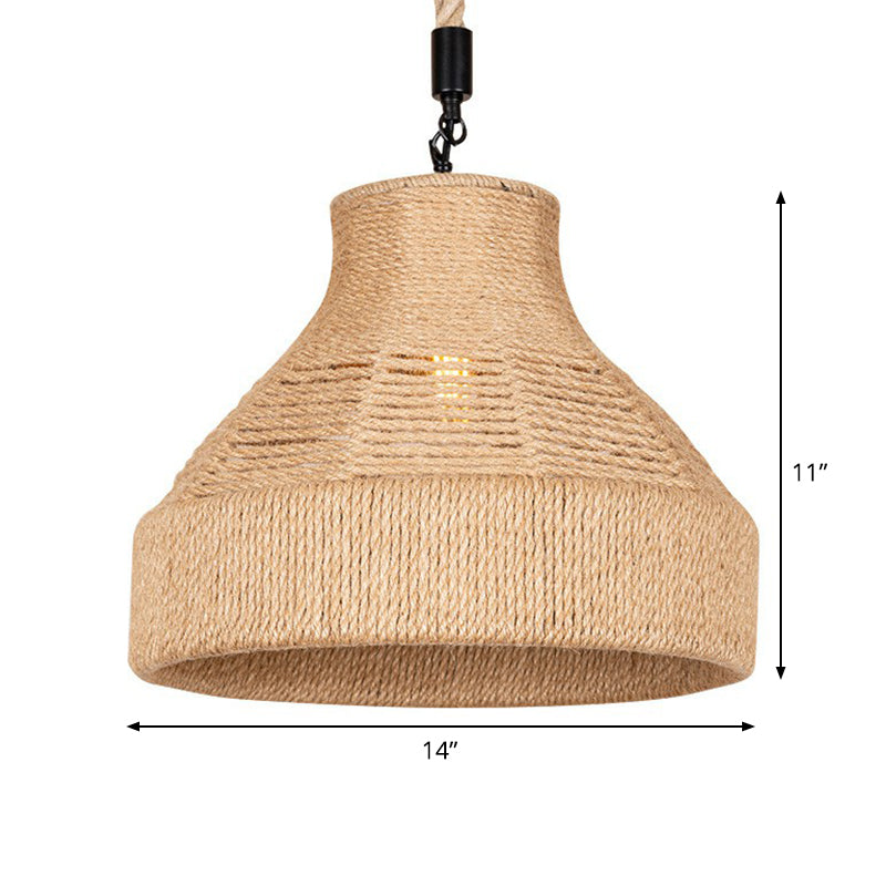 Hand-Wrapped Rope Bell Hanging Lamp Farmhouse 1 Bulb Restaurant Suspended Lighting Fixture in Brown Clearhalo 'Ceiling Lights' 'Industrial Pendants' 'Industrial' 'Middle Century Pendants' 'Pendant Lights' 'Pendants' 'Tiffany' Lighting' 1912296