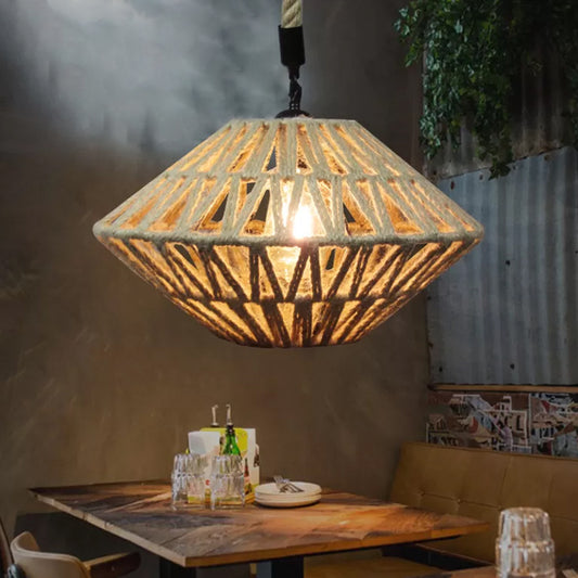 1 Light Flying Saucer Hollowed Pendant Rustic Brown Jute Rope Ceiling Suspension Lamp Brown Clearhalo 'Ceiling Lights' 'Industrial Pendants' 'Industrial' 'Middle Century Pendants' 'Pendant Lights' 'Pendants' 'Tiffany' Lighting' 1912297