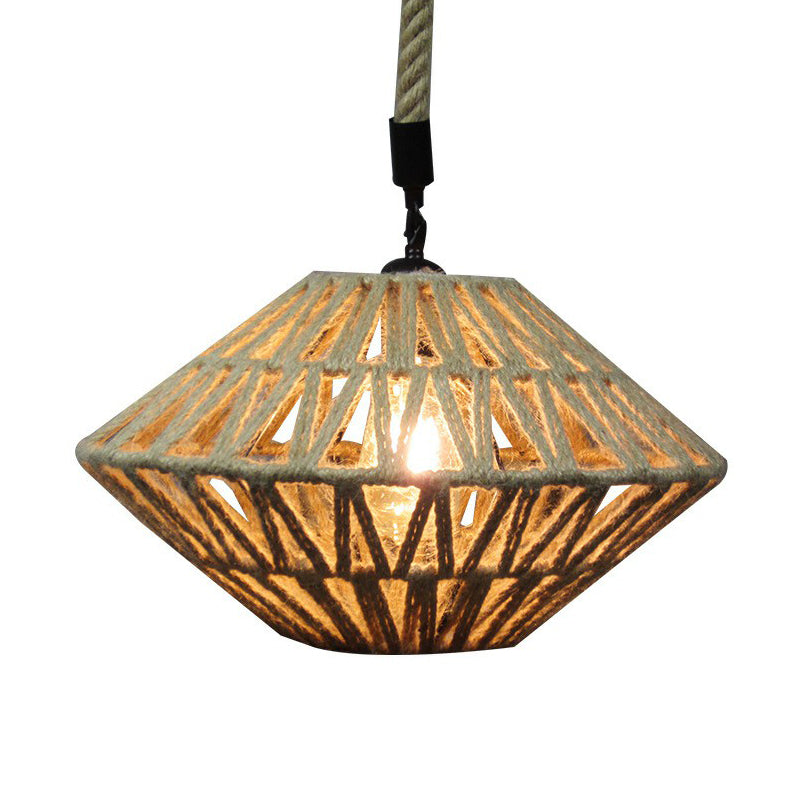 1 Light Flying Saucer Hollowed Pendant Rustic Brown Jute Rope Ceiling Suspension Lamp Clearhalo 'Ceiling Lights' 'Industrial Pendants' 'Industrial' 'Middle Century Pendants' 'Pendant Lights' 'Pendants' 'Tiffany' Lighting' 1912300