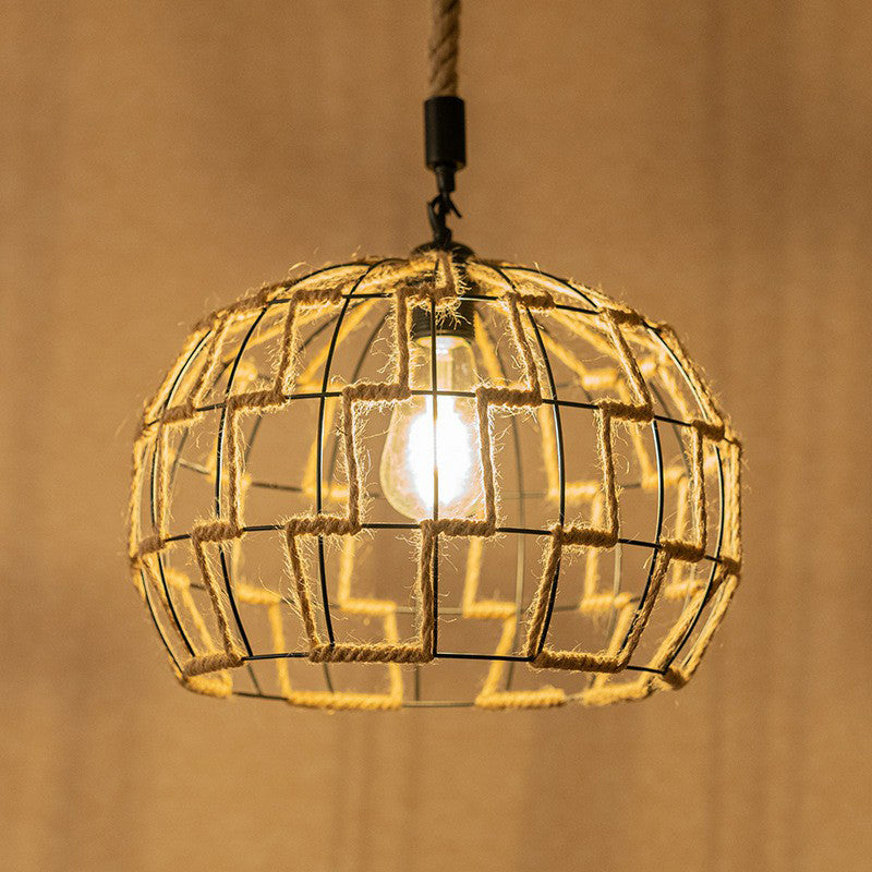 1 Head Hanging Pendant Rural Restaurant Ceiling Light with Sphere Rope Wrapped Cage in Brown Clearhalo 'Ceiling Lights' 'Industrial Pendants' 'Industrial' 'Middle Century Pendants' 'Pendant Lights' 'Pendants' 'Tiffany' Lighting' 1912304