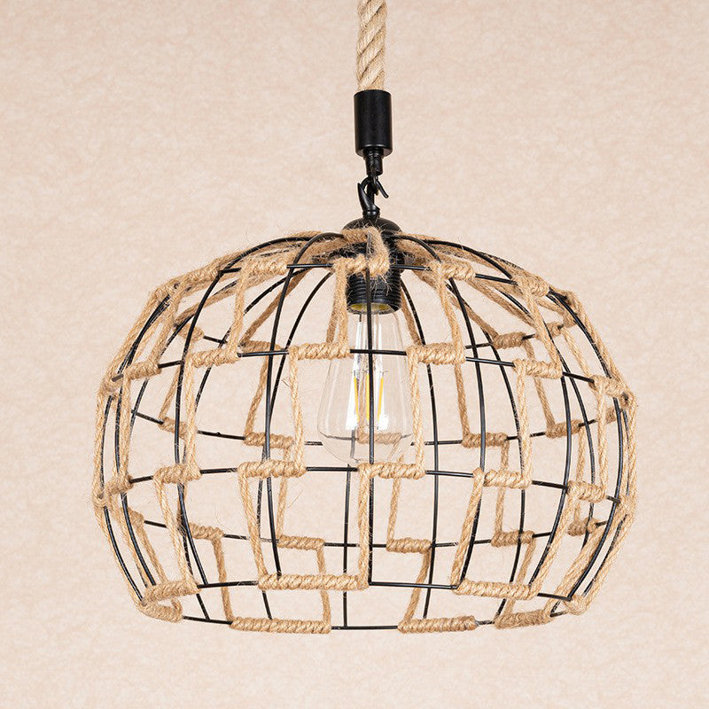 1 Head Hanging Pendant Rural Restaurant Ceiling Light with Sphere Rope Wrapped Cage in Brown Clearhalo 'Ceiling Lights' 'Industrial Pendants' 'Industrial' 'Middle Century Pendants' 'Pendant Lights' 'Pendants' 'Tiffany' Lighting' 1912305