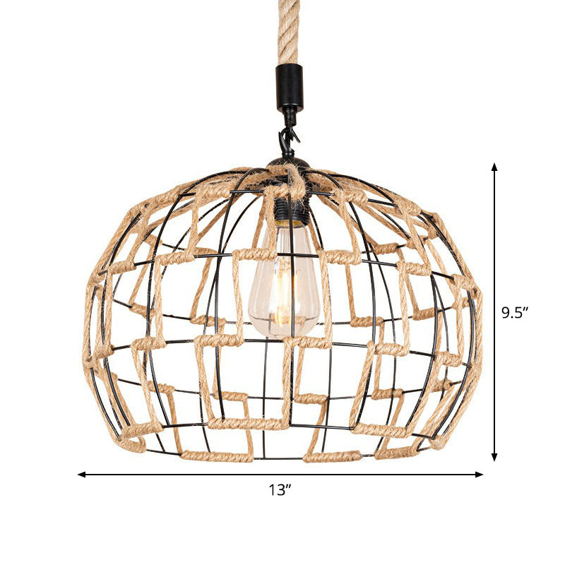 1 Head Hanging Pendant Rural Restaurant Ceiling Light with Sphere Rope Wrapped Cage in Brown Clearhalo 'Ceiling Lights' 'Industrial Pendants' 'Industrial' 'Middle Century Pendants' 'Pendant Lights' 'Pendants' 'Tiffany' Lighting' 1912306