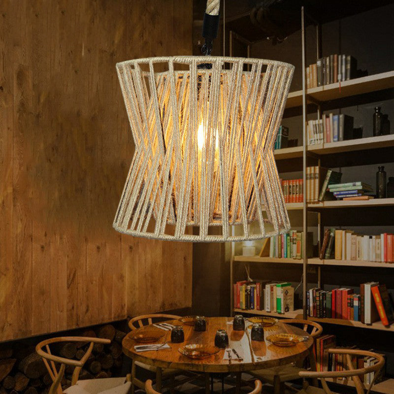 Roped Hourglass-Shape Drop Pendant Farmhouse 1 Bulb Restaurant Ceiling Hang Light in Brown Brown Clearhalo 'Ceiling Lights' 'Industrial Pendants' 'Industrial' 'Middle Century Pendants' 'Pendant Lights' 'Pendants' 'Tiffany' Lighting' 1912312