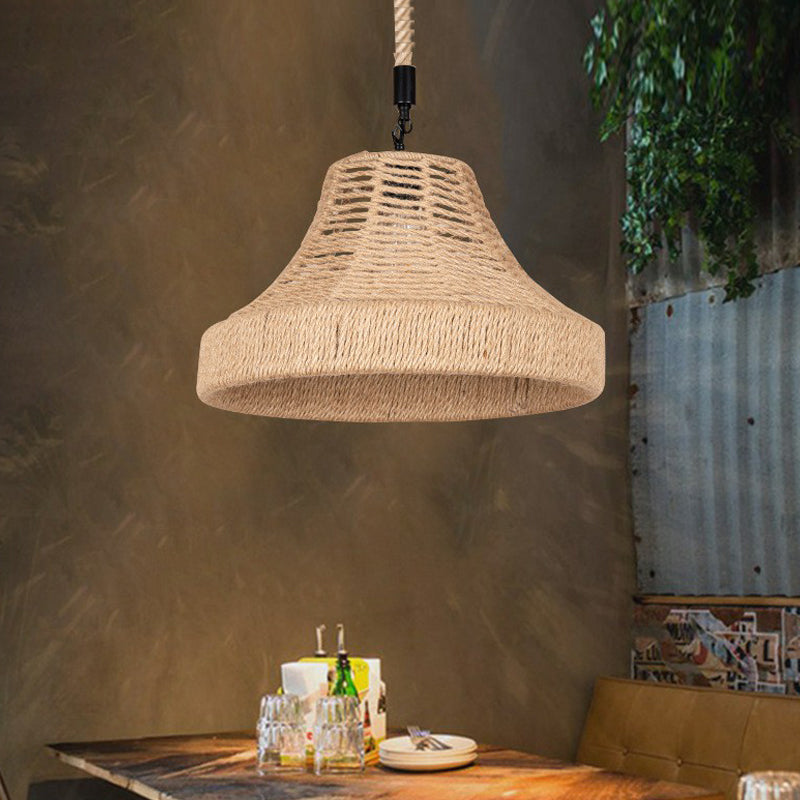 Lodge Trumpet Down Lighting Pendant 1-Light Manila Rope Hanging Lamp in Brown for Restaurant Brown Clearhalo 'Ceiling Lights' 'Industrial Pendants' 'Industrial' 'Middle Century Pendants' 'Pendant Lights' 'Pendants' 'Tiffany' Lighting' 1912317
