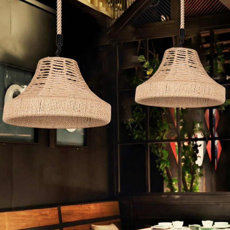 Lodge Trumpet Down Lighting Pendant 1-Light Manila Rope Hanging Lamp in Brown for Restaurant Clearhalo 'Ceiling Lights' 'Industrial Pendants' 'Industrial' 'Middle Century Pendants' 'Pendant Lights' 'Pendants' 'Tiffany' Lighting' 1912318