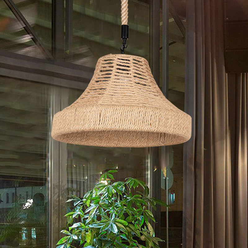 Lodge Trumpet Down Lighting Pendant 1-Light Manila Rope Hanging Lamp in Brown for Restaurant Clearhalo 'Ceiling Lights' 'Industrial Pendants' 'Industrial' 'Middle Century Pendants' 'Pendant Lights' 'Pendants' 'Tiffany' Lighting' 1912319