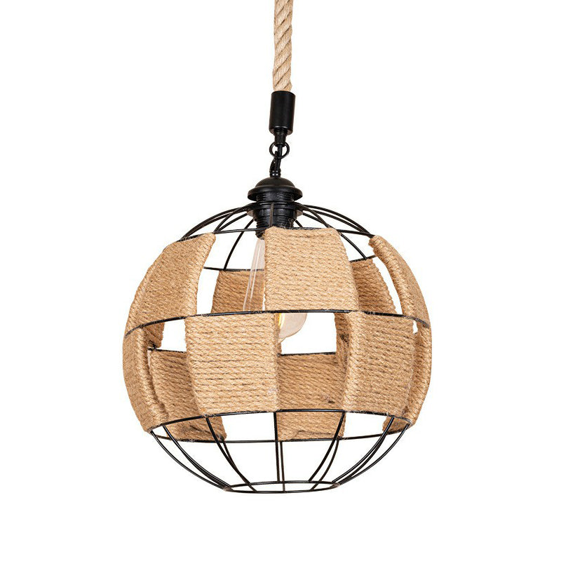 Single Hemp Rope Pendant Lamp Cottage Style Brown Globe Aisle Hanging Ceiling Light Clearhalo 'Ceiling Lights' 'Industrial Pendants' 'Industrial' 'Middle Century Pendants' 'Pendant Lights' 'Pendants' 'Tiffany' Lighting' 1912324