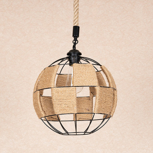 Single Hemp Rope Pendant Lamp Cottage Style Brown Globe Aisle Hanging Ceiling Light Clearhalo 'Ceiling Lights' 'Industrial Pendants' 'Industrial' 'Middle Century Pendants' 'Pendant Lights' 'Pendants' 'Tiffany' Lighting' 1912325