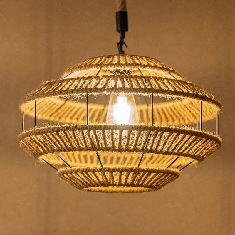 Hemp Roped Brown Ceiling Light Basket 1-Light Rustic Suspension Pendant for Dining Room Clearhalo 'Ceiling Lights' 'Industrial Pendants' 'Industrial' 'Middle Century Pendants' 'Pendant Lights' 'Pendants' 'Tiffany' Lighting' 1912330