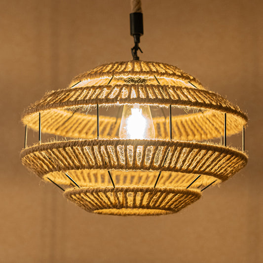 Hemp Roped Brown Ceiling Light Basket 1-Light Rustic Suspension Pendant for Dining Room Clearhalo 'Ceiling Lights' 'Industrial Pendants' 'Industrial' 'Middle Century Pendants' 'Pendant Lights' 'Pendants' 'Tiffany' Lighting' 1912330