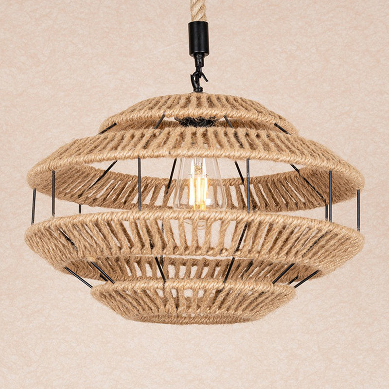 Hemp Roped Brown Ceiling Light Basket 1-Light Rustic Suspension Pendant for Dining Room Clearhalo 'Ceiling Lights' 'Industrial Pendants' 'Industrial' 'Middle Century Pendants' 'Pendant Lights' 'Pendants' 'Tiffany' Lighting' 1912331