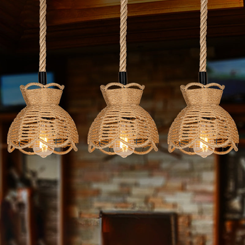 Round/Linear Bistro Cluster Bowl Pendant Farmhouse Hemp 3/6-Head Brown Multi Hanging Lamp with Scalloped Trim Brown Linear Clearhalo 'Ceiling Lights' 'Industrial Pendants' 'Industrial' 'Middle Century Pendants' 'Pendant Lights' 'Pendants' 'Tiffany' Lighting' 1912447